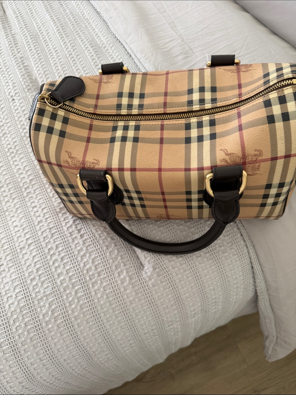 Burberry Beige Check Satchel with Dark Brown Handles